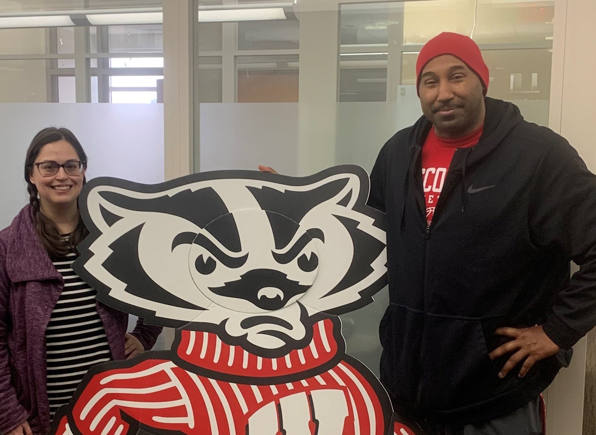 Autumn Sanchez and a Badger Ready student with Bucky cardboard cut-out.
