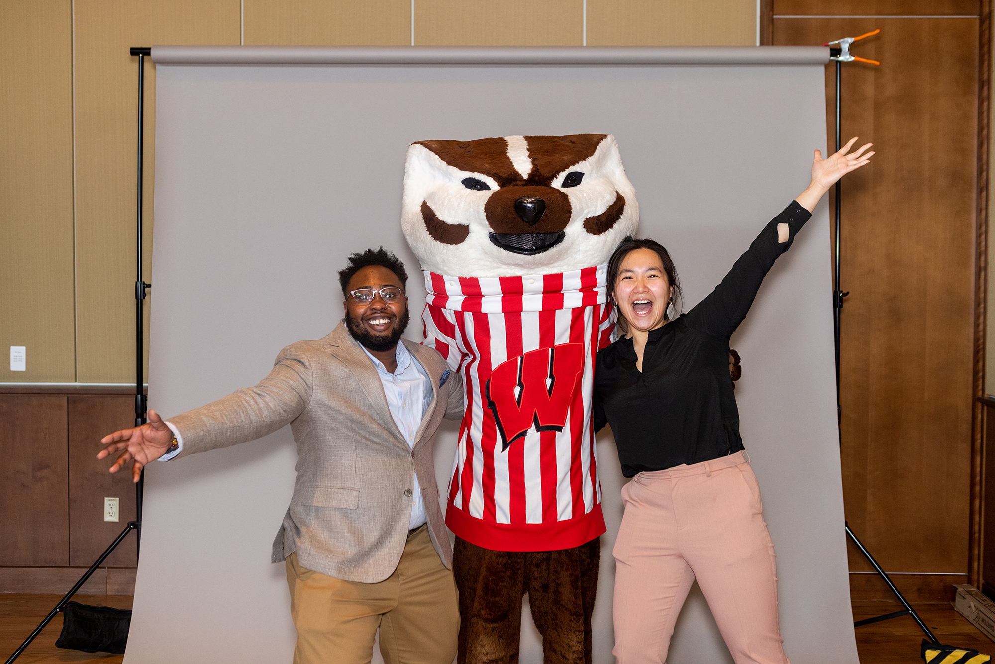 Staff, student, and Bucky