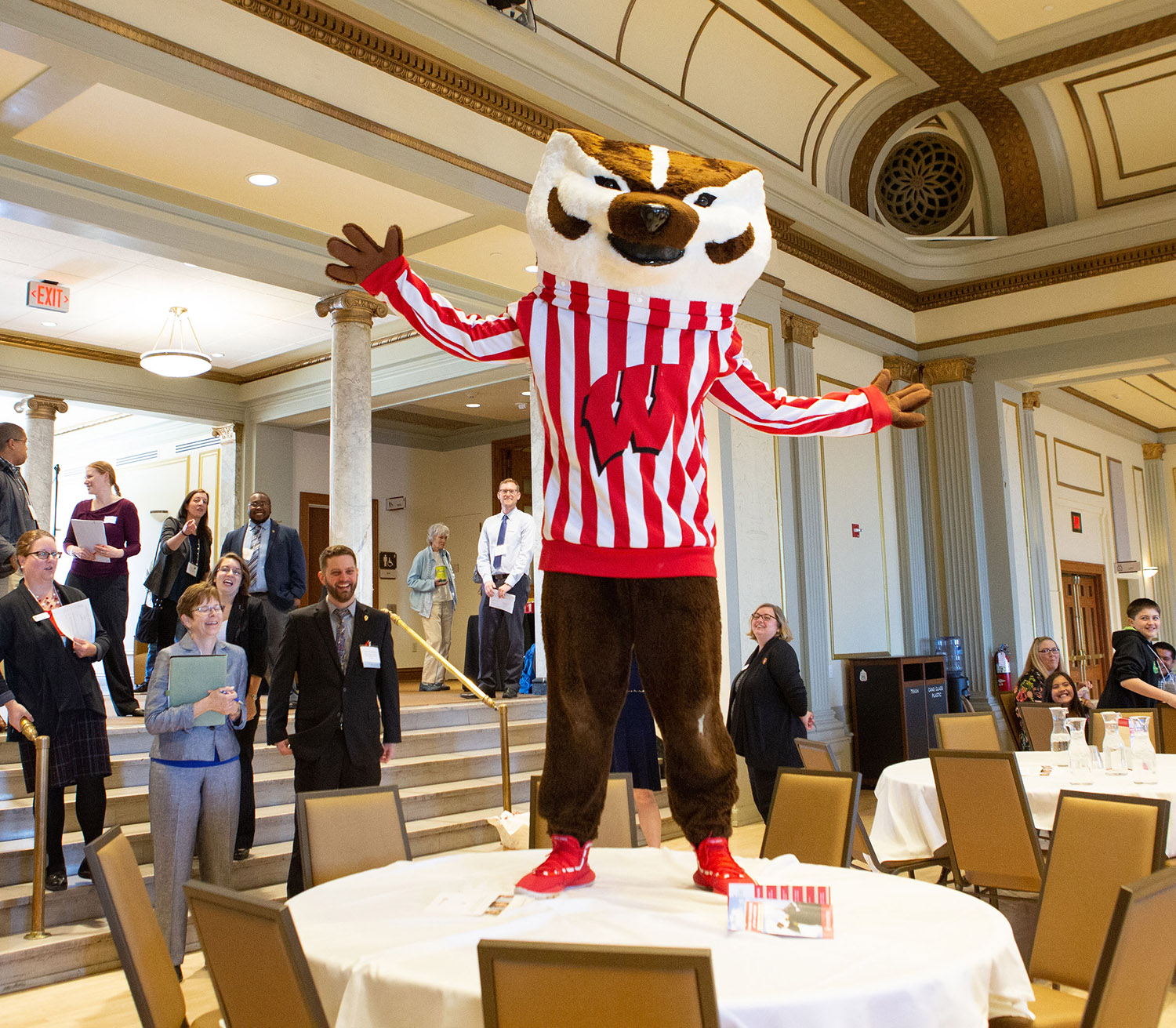 Mascot Bucky standing on a table
